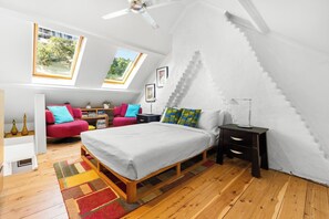 Watch clouds sail by through the skylights from the comfort of your queen-sized bed in the loft bedroom.
