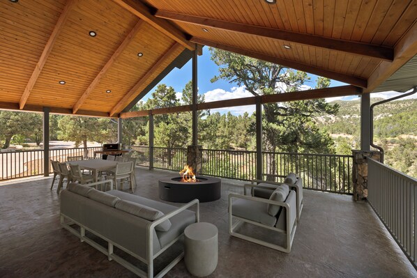 Beautiful outdoor covered patio with sunrise views over the mountain. 