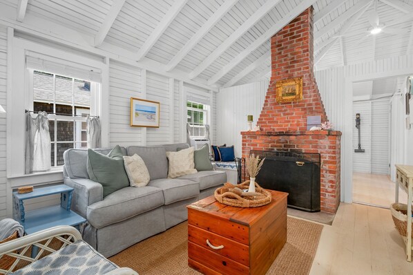 Comfortable and cozy living room with antique fireplace - 17 Captain Dunbar Road Brewster Cape Cod-Prestons Haven-NEVR