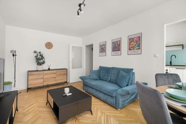Living room with dining table.