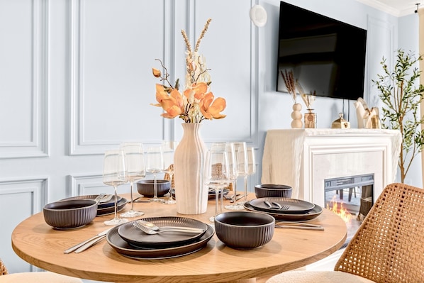 Enjoy a relaxing dinner next to the fireplace