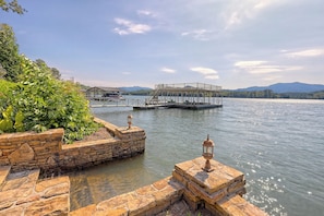 Stairs going down into lake.