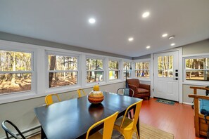 Sunroom featuring a dining table, perfect for enjoying meals while soaking in natural light and the surrounding views. A cozy spot to relax and dine!
