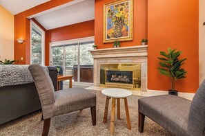 Enjoy coffee with a crackling fire