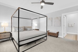 The master bedroom features a comfy memory foam king bed
