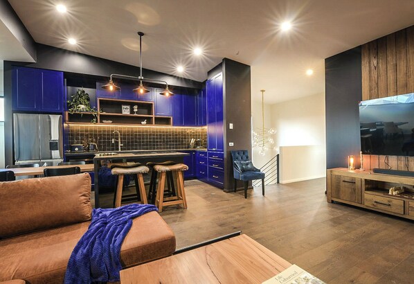Living, 75in TV, Kitchen