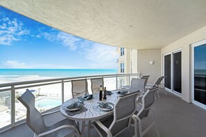 Large balcony, table and chaise lounges