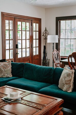 Cozy up in the downstairs living room. 