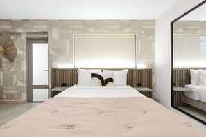 Geometric patterns add a touch of modern flair to rustic simplicity.
