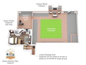 3D layout of Casita 7 and the adjoining community courtyard