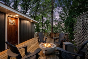 Cabin Exterior | Furnished Deck | Gas Fire Pit