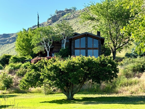 Big windows to take in the surrounding orchard and private waterfall. 