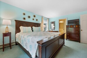 Primary bedroom with King sized bed and ensuite bathroom - 38 Monomoyic Way Chatham Cape Cod-Poppy's Place-NEVR