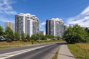 Apartment neighbourhood with modern buildings. 