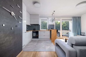 Kitchenette with an oven.