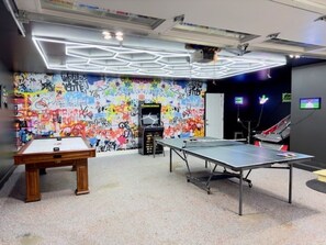 Game room with Ping Pong, Foosball, Pop-a-Shot, 300 Retro Arcade and Air Hockey