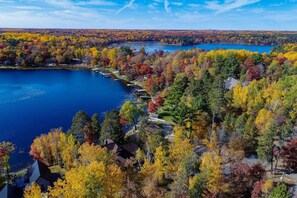 Aerial view of the Lodge House on Roy Lake