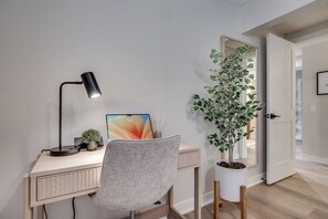 Desk with lamp and charging station too