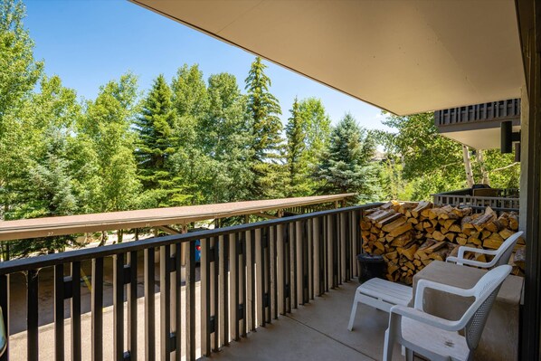 The balcony is a welcome retreat during the warm summer months and sunny winter afternoons.  Wood is provided for the fireplace!