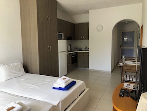 Fully equipped kitchenette with microwave, stove, and fridge