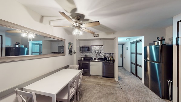 Ceiling Fan, Indoors, Kitchen, Refrigerator, Table