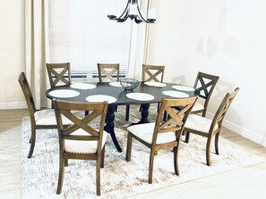 Enjoy formal, comfortable dining for eight