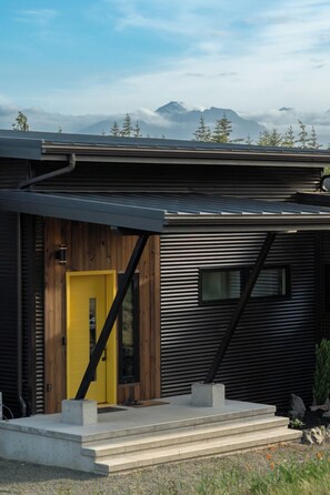 Three steps to get to the front door, the Modern Chalet is all on one level. 