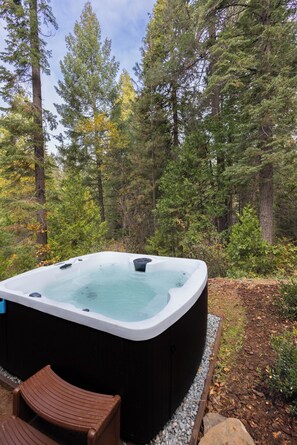 Saltwater hot tub, steps from patio slider, seats 5