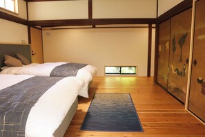 Bedroom. This is the bedroom seen from the shoji side. The door visible in the back left leads to the main house, but is usually kept closed.