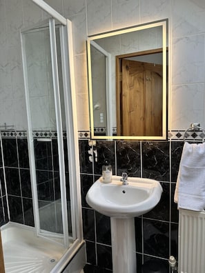 Light up bathroom mirror and rain shower head