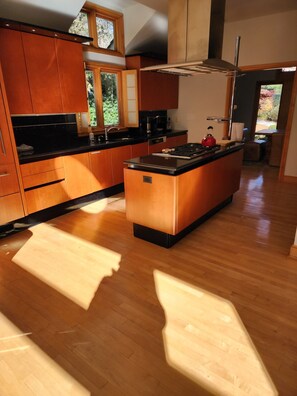 Open Plan Kitchen fully equipped. Microwave Dishwasher Convection Oven Pots Pans