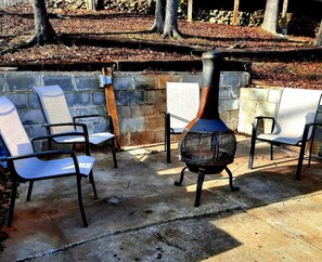 Build a fire in the chimenea any season for enjoyment.