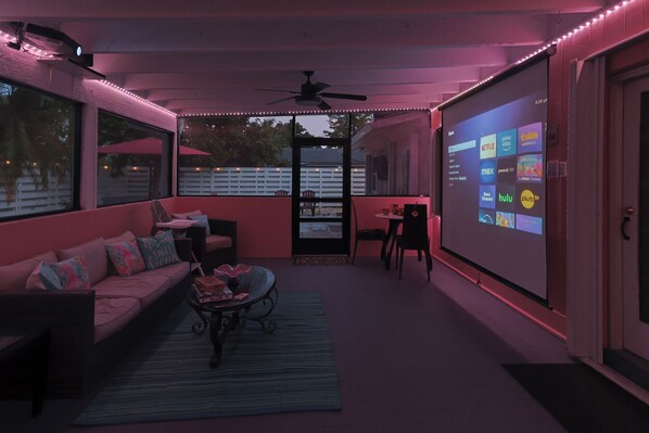 Enclosed LED Patio with 120inch Projector Screen and Surround Sound