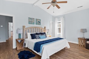 The spacious King Heron Suite on 3rd floor includes king bed, Smart TV, and walk-in closet with pack-n-play if needed plus a sitting area.