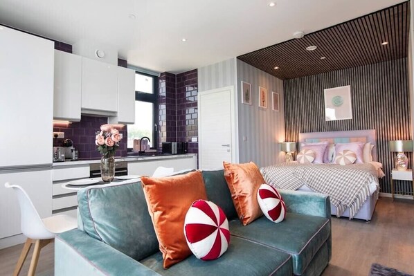 Integrated living, bedroom, and kitchen spaces in an open layout.