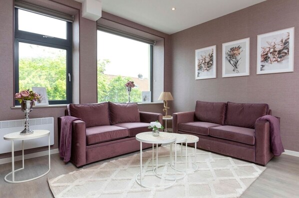 Integrated living and kitchen spaces in an open layout.