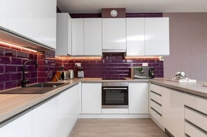 Integrated living and kitchen spaces in an open layout.