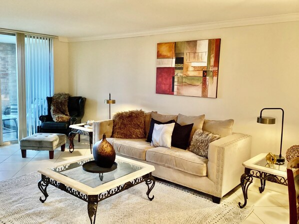 relax on our oversized comfy couch with tv and full patio