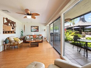 Living room with large glass sliding doors
