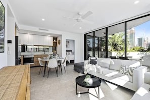 The elegant and cozy living area for the guests to relax