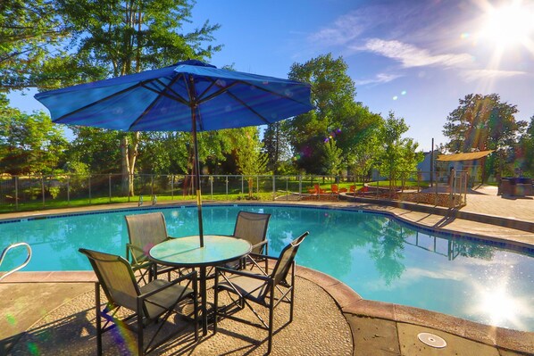 Seasonal swimming pool & pool house bathroom.  