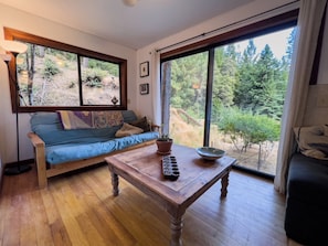 Relax in the living room, enjoy views the Redwood trees in all directions.