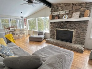 Upstairs den with a gas fireplace