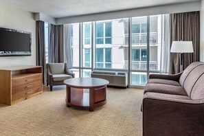 Spacious living room with a sleeper sofa.