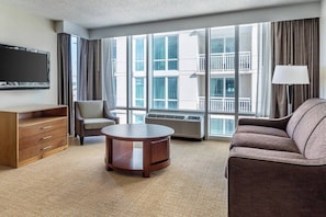Spacious living room with a sleeper sofa.