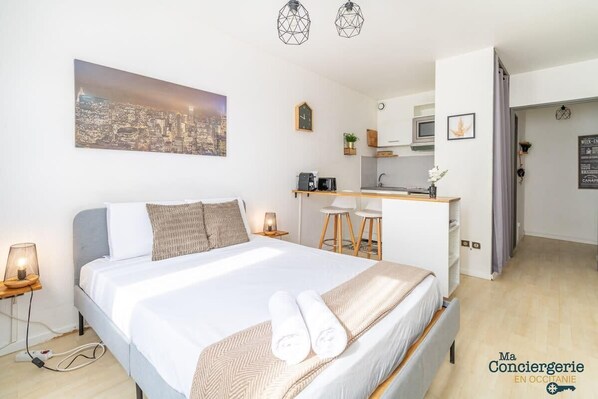 Pièce principale avec lit, coin repas, kitchenette