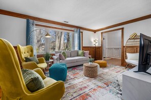 Spacious living room with modern mid-century interior