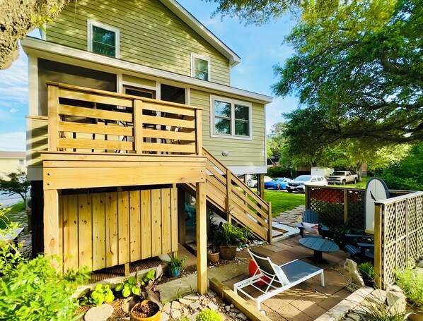 Private sun and covered patios, deck, screened porch, and apt entry off porch.