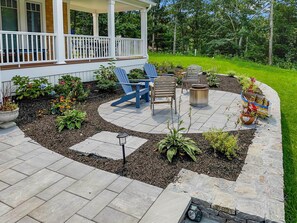 Front patio area with Adirondack chairs overlooking expansive front yard - 42 Julien Road Harwich Port Cape Cod - Red River Retreat - NEVR