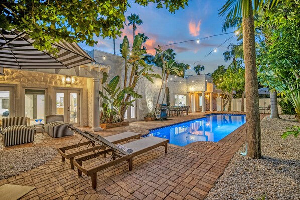 Private Heated Pool Twilight View.